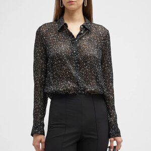 NWT Theory Chevron Burnout Button-Front Silk Viscose Sheer Blouse Top